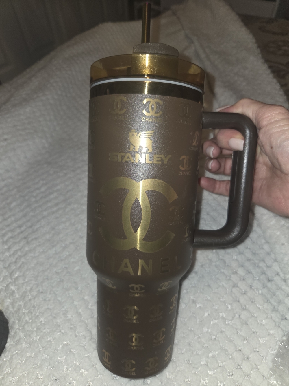 Stanley Brown and Gold Logo Travel Tumbler with Handle